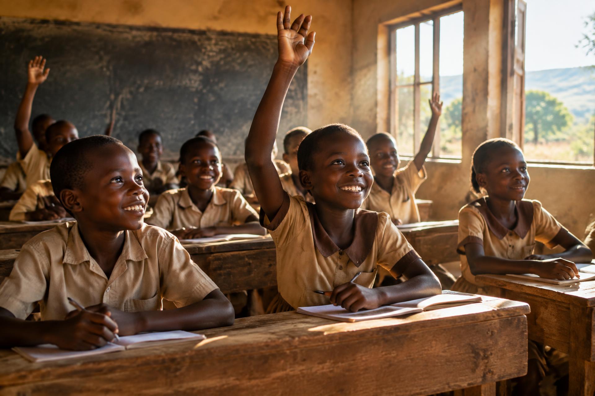 Children at wooden desks in a bright rural classroom, in warm natural light