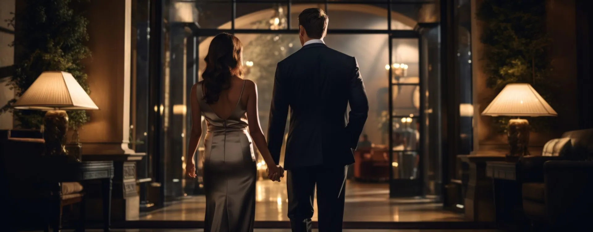 Elegantly dressed couple walking hand in hand into a softly lit hotel lounge