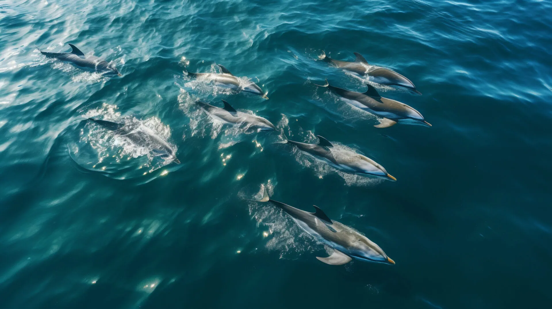Pod of dolphins gliding just below the surface of deep teal water