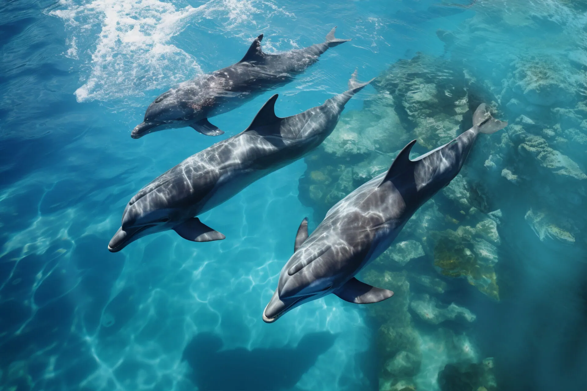 Three dolphins swimming through clear turquoise water over a sandy reef