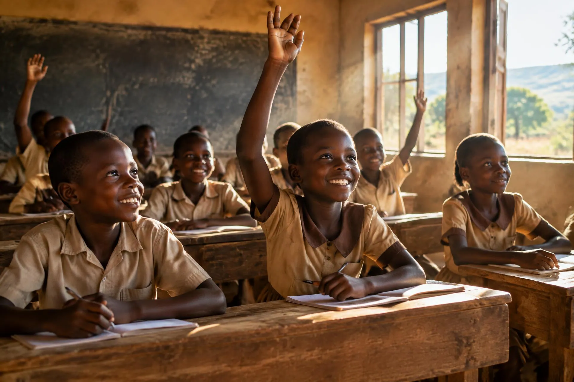 Children at wooden desks in a bright rural classroom, in warm natural light