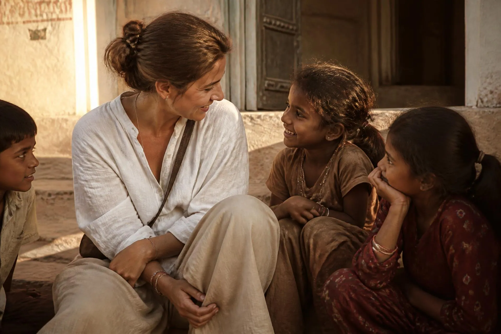 Woman sitting in a doorway sharing a warm conversation with local children