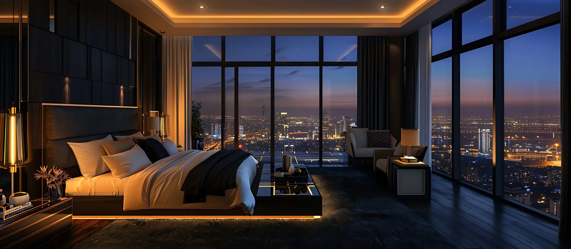 Dimly lit luxury hotel suite with floor-to-ceiling windows over a city at night