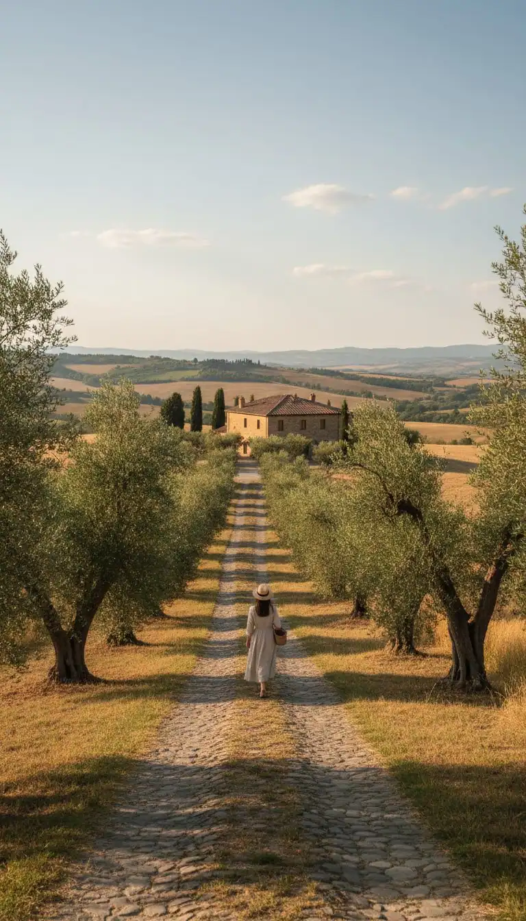 Woman in a white dress walking down an olive tree lined path toward a stone Tuscan farmhouse
