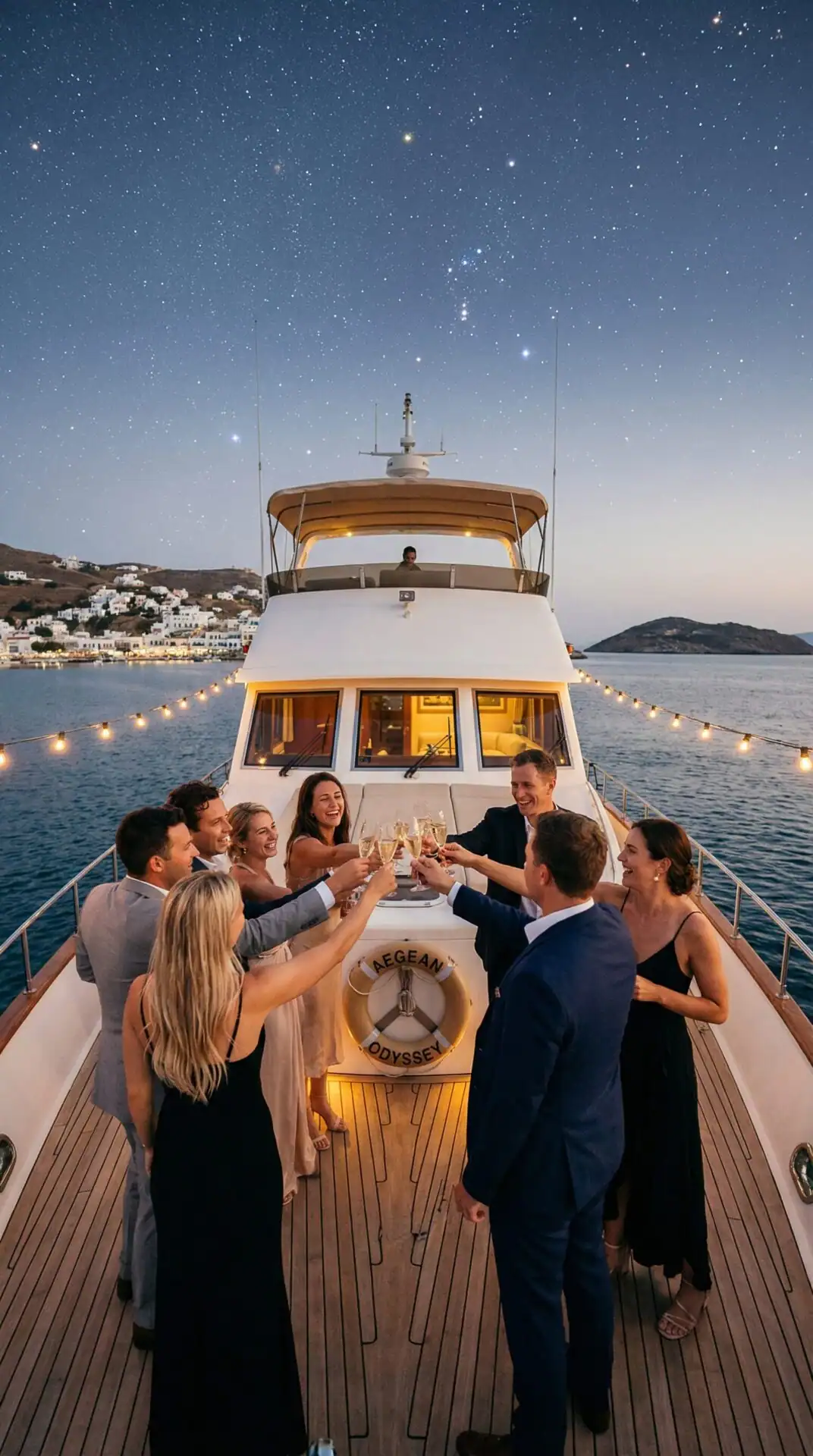 Friends toasting champagne on a yacht deck at night near a Greek island village