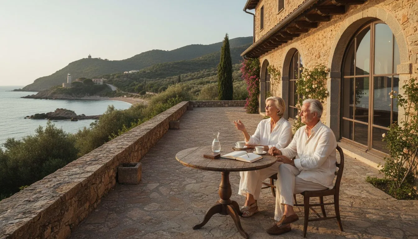 Older couple sharing breakfast on a stone villa terrace overlooking the coast