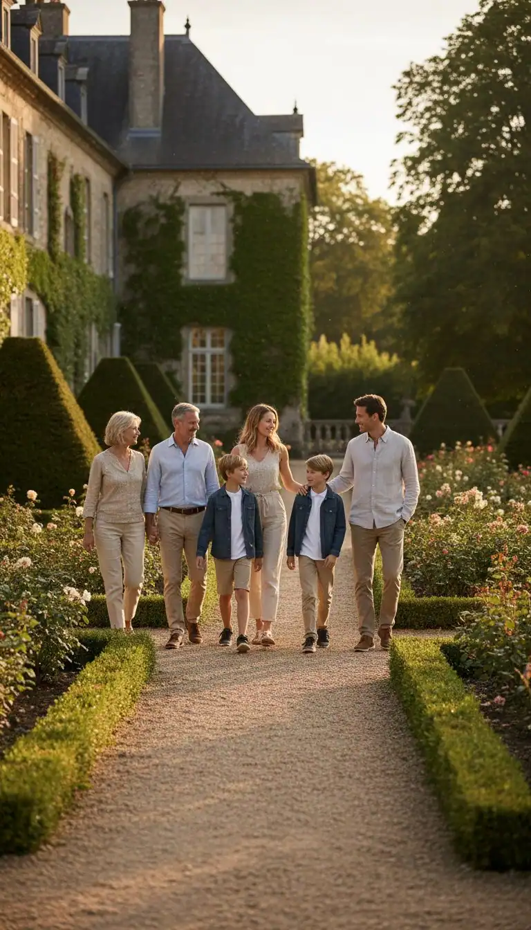 Multigenerational family walking through rose gardens in front of an ivy covered European chateau