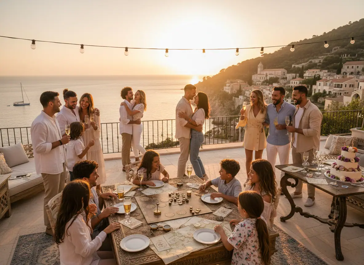 Friends and family celebrating around a long table on a seaside terrace at sunset