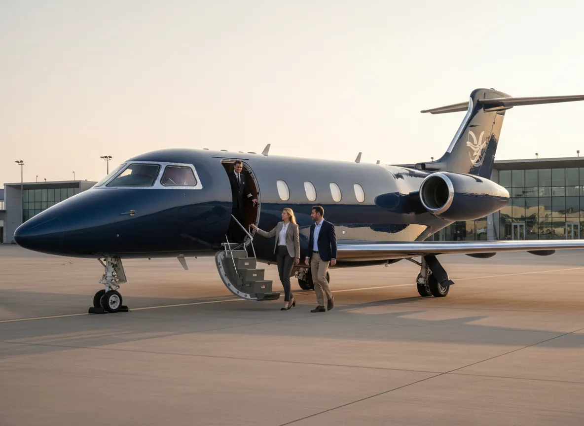 Travelers greeted beside a private jet on the tarmac at golden hour