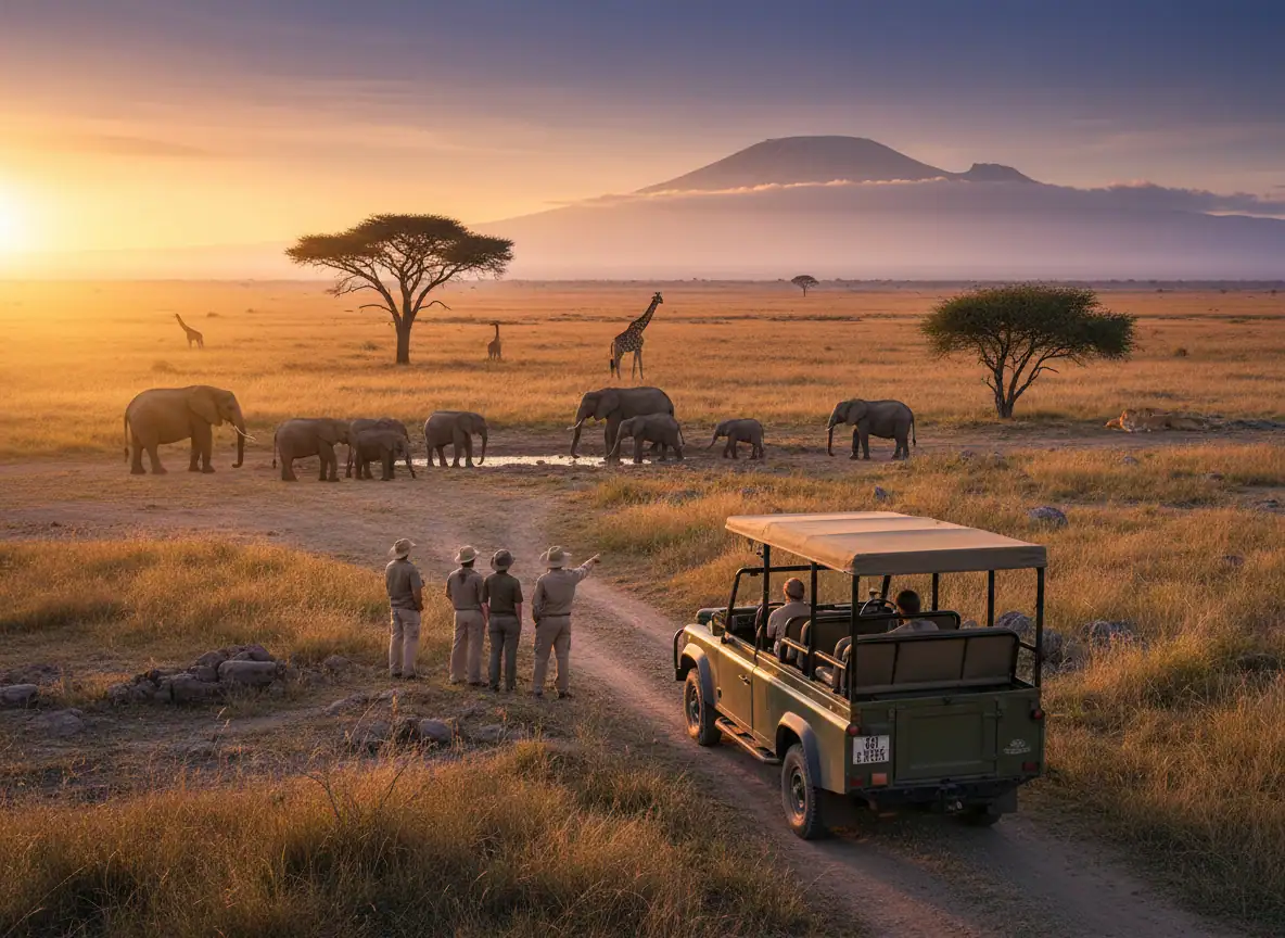 Safari vehicle watching elephants and giraffes on the savanna below Kilimanjaro