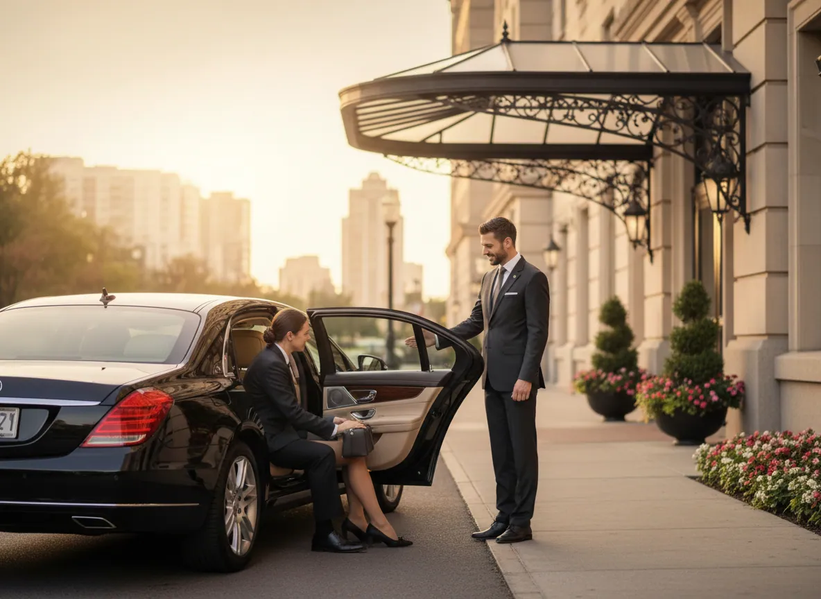 Chauffeur opening a black sedan door outside a grand hotel entrance