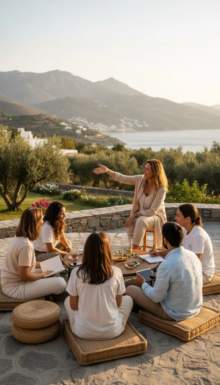 Facilitator leading a group workshop on a terrace overlooking a coastal bay and hills