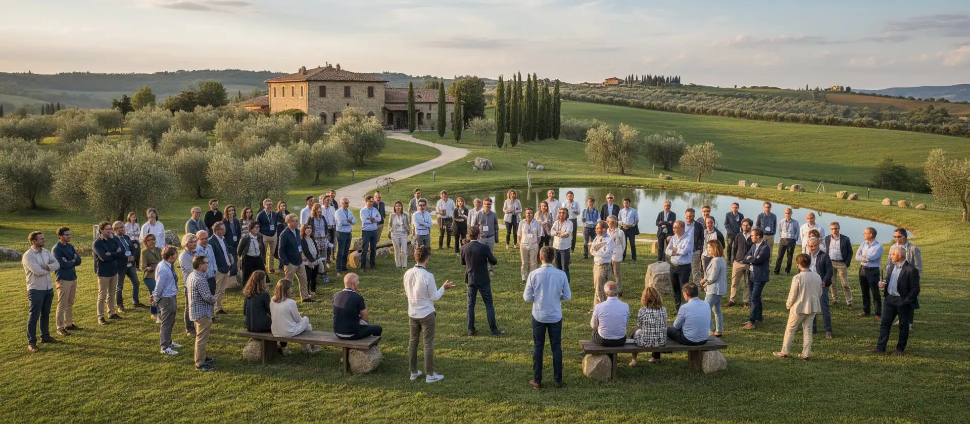 Large group gathered in a circle on the lawn of a countryside estate