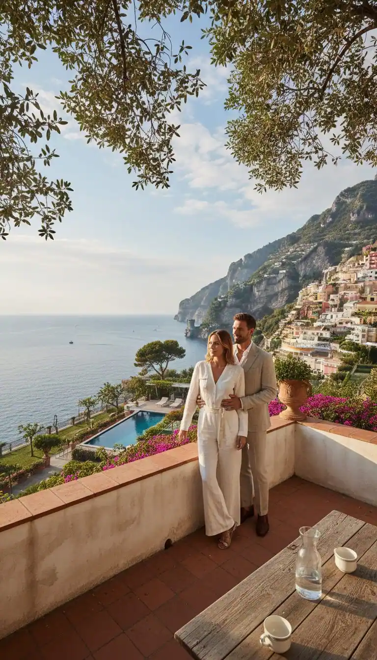 Couple embracing on a terrace above the pool, overlooking a cliffside coastal village and sea