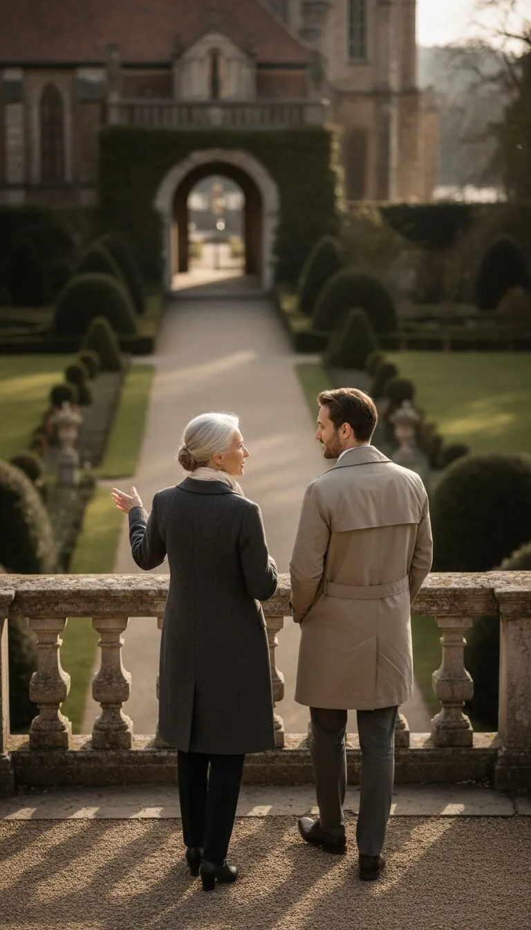 Two generations walking and talking on a stone balustrade overlooking formal gardens at a European estate