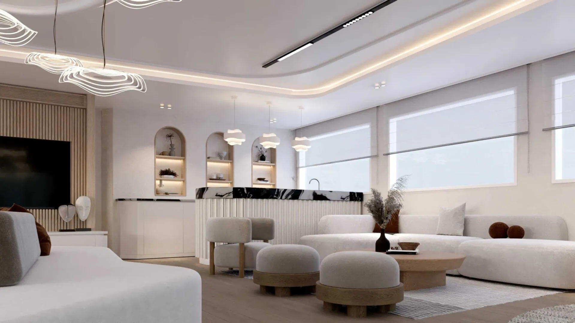 Elegant yacht lounge interior with curved cream sofas, ottomans and a bar area